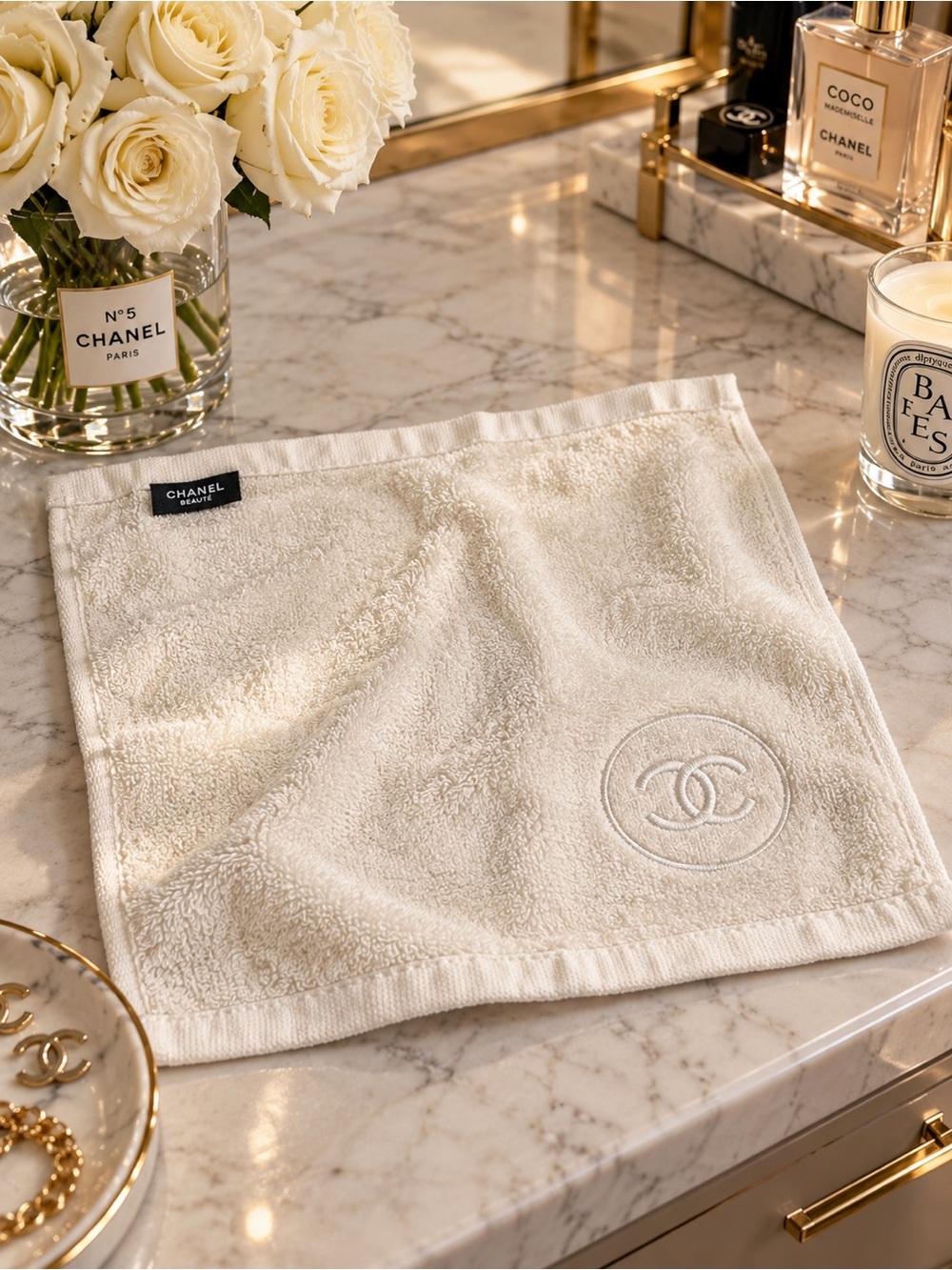 CHANEL Beauté Ivory Cotton CC Logo Hand Face Towel Washcloth NWOT